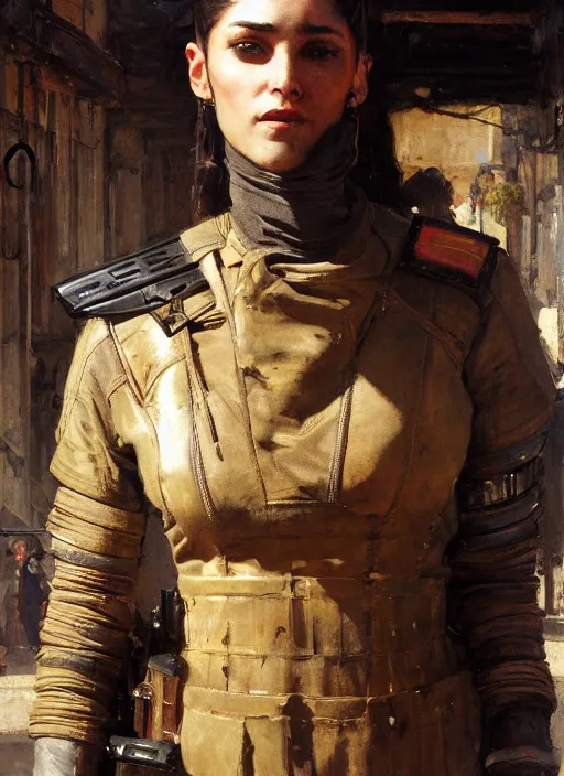 Prompt: beautiful cyberpunk mercenary wearing military vest. Iranian orientalist portrait by john william waterhouse and Edwin Longsden Long and Theodore Ralli and Nasreddine Dinet, oil on canvas. Cinematic, hyper realism, dramatic lighting, high detail 4k