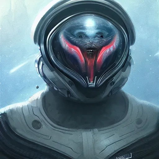 Prompt: predator alien in a space suite, highly detailed, digital painting, artstation, concept art, smooth, sharp focus, portrait by greg rutkowski