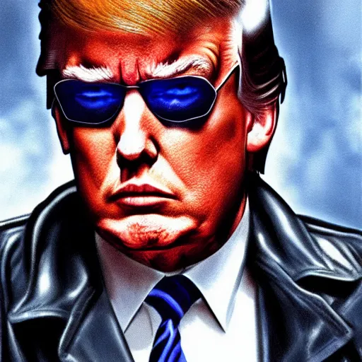 Image similar to trump as terminator, movie poster, digital art, high - detailed, 4 k, artstation, hyper - realistic, by drew struzan