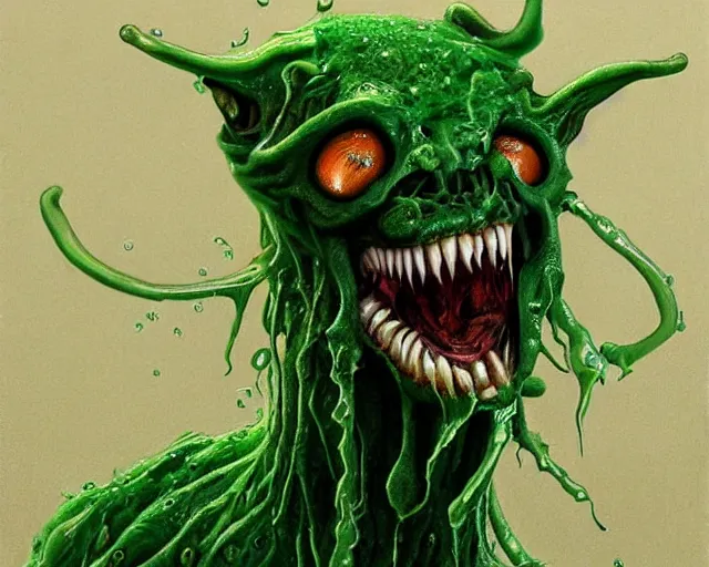 Prompt: Haunting horrifying hyperrealistic detailed painting of a tall slim spider canine creature made of slime, gelatinous green goop, heavy metal, disgusting, creepy, unsettling, and bloodshot eyeballs, hyper detailed, trending on Artstation