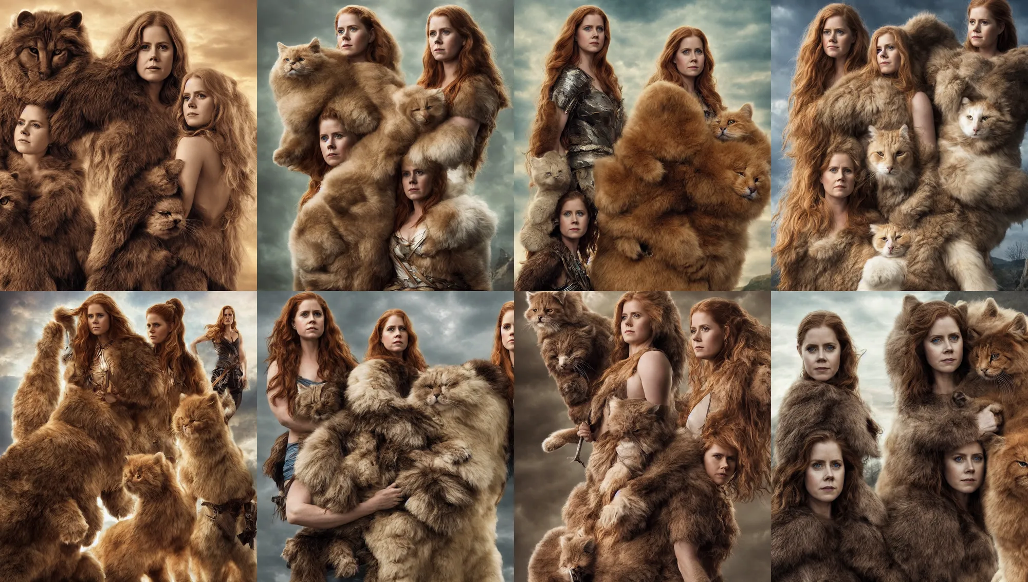 Prompt: portrait of amy adams as an amazon warrior standing next to her fluffy giant cat beast, highly detailed, magali villeneuve