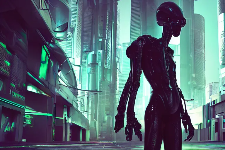 Image similar to cyberpunk alien concept inspired street, futuristic look, highly detailed body, very powerful, photorealistic camera shot, bright studio setting, studio lighting, crisp quality and light reflections, unreal engine 5 quality render