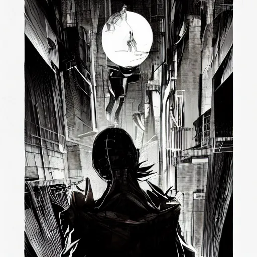 Prompt: concept art character, very high angle view, book cover, walking in cyberpunk valley highly detailed full body, smooth, sharp focus, organic, appealing, book cover, deep shadows, by Dave McKean sketch lineart for character design