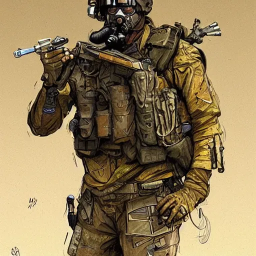 Image similar to Hector. USN special forces recon operator in near future gear, cybernetic enhancement, on patrol in the Australian neutral zone, deserted city landscape. 2087. Concept art by James Gurney and Alphonso Mucha