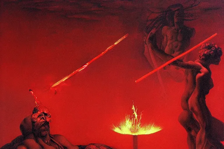 Image similar to only with red, a red melted apollo with a laurel wreath and a flaming sword announce the win, atene in the background, in the style of beksinski, part by hopper, part by rodcenko, part by hofbauer, intricate composition, red by caravaggio, insanely quality, highly detailed, masterpiece, red light, artstation