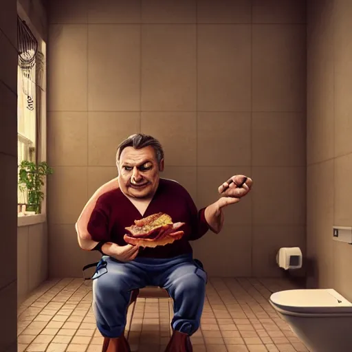 Image similar to ( ( viktor orban ) ) with realistic face sitting on the toilet and eating bacon by greg rutkowski, highly detailed, octane render, 4 k, 8 k, hdr, cgsociety, amazing lightning, masterpiece