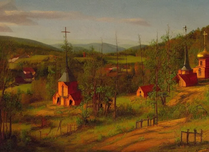 Image similar to the small wooden villages of siberia with an orthodox church, russia in the style of hudson river school of art, oil on canvas