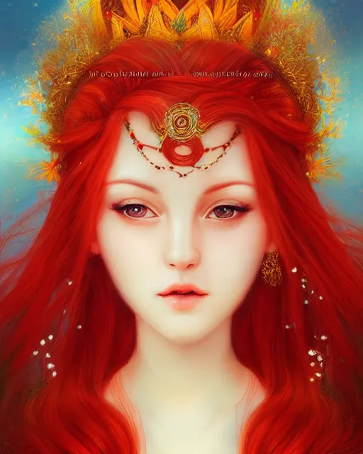 Image similar to the goddess of summer, with lotus on her head, red hair, half - length head portrait, dreamy, beautiful, by wlop