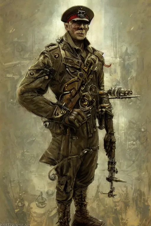 Image similar to a world war 2 steampunk soldier, upper body, highly detailed, intricate, sharp details, dystopian mood, sci-fi character portrait by gaston bussiere, craig mullins