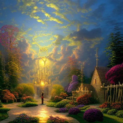 Prompt: maze of skulls one lone wizard with a glowing staff sky of clouds, by thomas kinkade, realistic