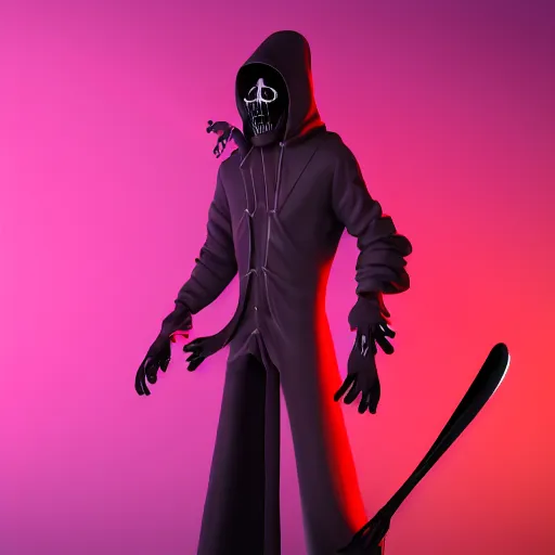 Image similar to candypunk grim reaper, character design, high quality digital art, render, octane, redshift, volumetric lighting, oled