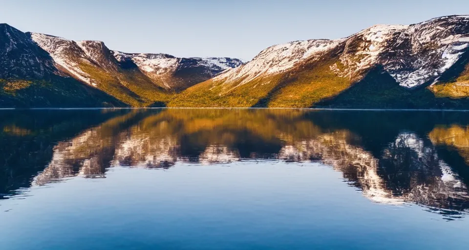 Image similar to a Norwegian fjord surrounded by mountains with the sun rising, trees on the mountain sides, completely still mirror water reflecting the surroundings