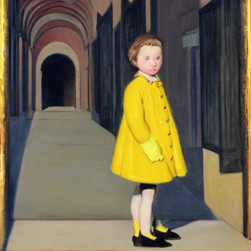 Prompt: a painting of a distant little girl with short black hair and wearing a yellow coat alone in the inner courtyard of an abbey by hopper and de chirico