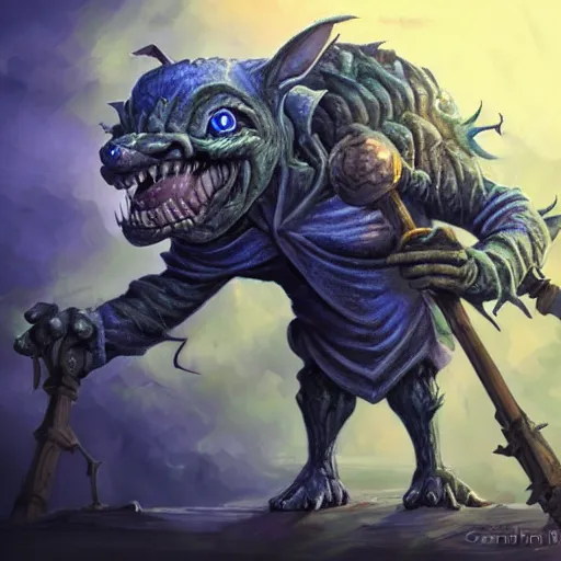 Prompt: a highly detailed goblin with grey skin and blue eyes that glow, with a tornado in his hand, like magic the gathering, goblin chainwalker, digital art, by christopher rush