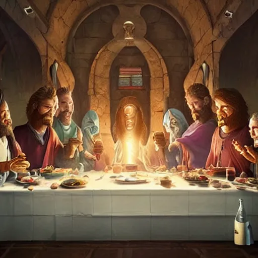 Prompt: Futurama characters at the Christ's last supper. Perfect composition. Very very beautiful digital art in style of Greg Rutkowski, intricate stunning texture and details, fine detailed face. Trending on artstation. Dramatic lighting