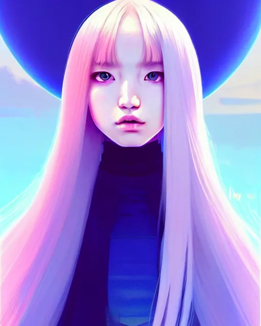 Image similar to perfect android girl family, full body character design, artgem, scifi, futuristic design, bae suzy, long white hair!!!, blue eyes, bold fashion and strong silhouettes, cinematic lighting, highly detailed, artstation, divine, by huifeng huang, beeple, goro fujita, smooth gradient.