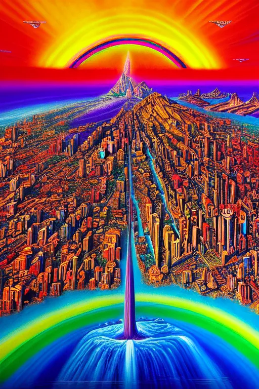 Image similar to a beautiful hyperdetailed painting of spiritual evolution city of god, rainbow retrowave fantasy, wallpaper, highly detailed, trending on artstation.