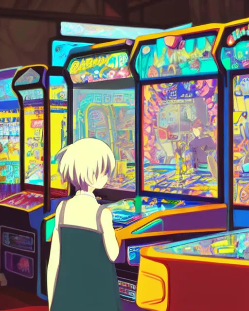 Image similar to a girl at the arcade, full shot, visible face, ambient lighting, detailed, very modern anime style, art by hayao miyazaki, makoto shinkai