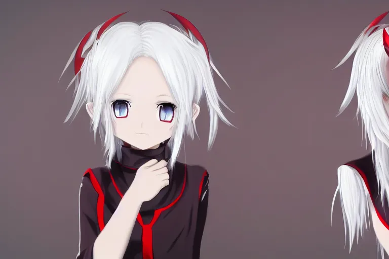 Prompt: white hair, red eyes, two little horn on the head, anime style, anime girl, sketch, 4k