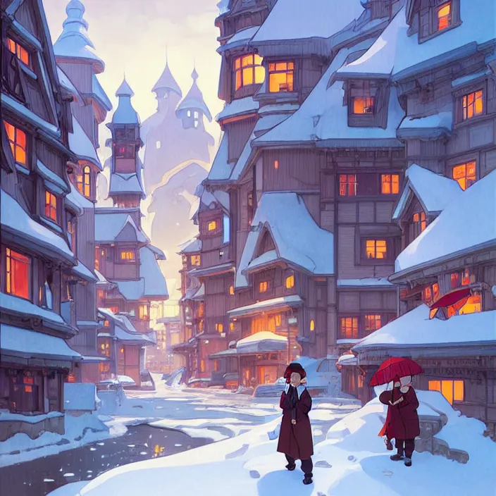 Image similar to canadian city, winter, in the style of studio ghibli, j. c. leyendecker, greg rutkowski, artem