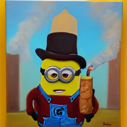 Image similar to minion smoking a cigar, oil painting