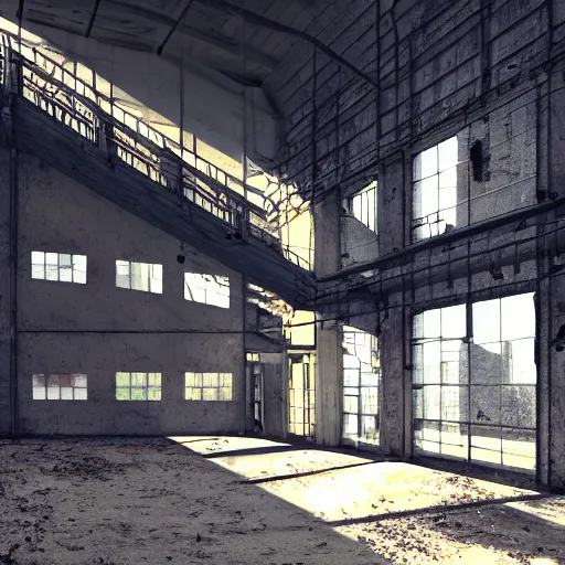 Prompt: abandoned industrial factory interior, sunlight filtering, visible dust, digital art, trending on artstation