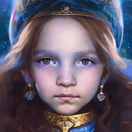 Prompt: a little girl with short wavy curly light brown hair and blue eyes, a space empress in byzantine style. beautiful highly detailed face, painting by artgerm and greg rutkowski and raymond swanland.