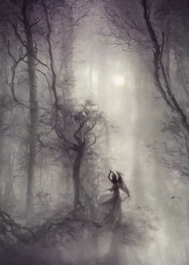 Image similar to the twilight dance of the fae by aleksi briclot, greg rutkowski and ivan aivazovsky, dancers in white lit only by the moon, contemporary dance on the forest floor, contemporary dance, volumetric, atmospheric, watercolor, surrealist, artstation, artgerm, concept art