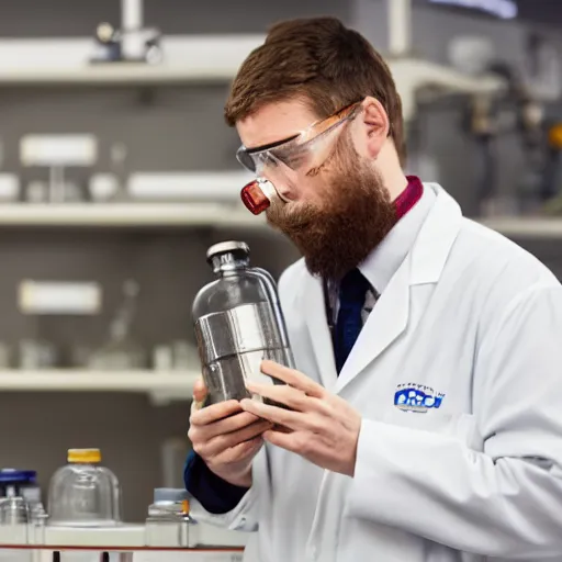 Prompt: white male with a short beard wearing a lab coat and drinking from a flask in a laboratory