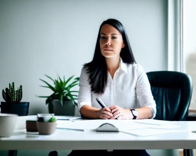 Prompt: wide shot of social media manager sitting at her desk