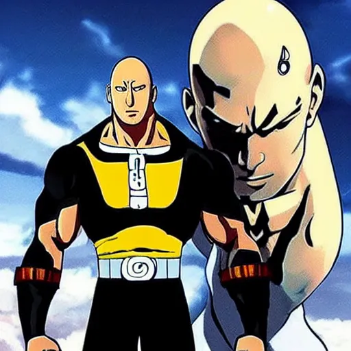 Image similar to dwayne the rock johnson cosplaying as saitama of one punch man, realistic