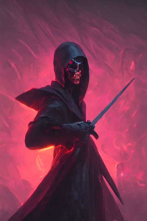 Image similar to portrait of a neon grim reaper wielding a scythe, visible aura of madness distorting the surroundings, occult details, greg rutkowski style, high quality, 8 k,