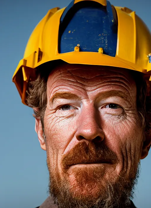 Image similar to closeup portrait of mecha bryan cranston with construction crane arms, yellow hardhat, natural light, bloom, detailed face, magazine, press, photo, steve mccurry, david lazar, canon, nikon, focus