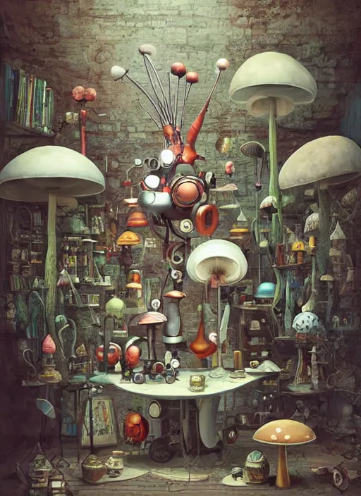 Prompt: a lively and whimsical apothecary where chrome robots shop grows from the stalk of a giant mushroom, cgsociety, siggraph, dystopian scifi, concept art, set design, oleg oprisco, conrad roset, anka zhuravleva, gediminas pranckevicius