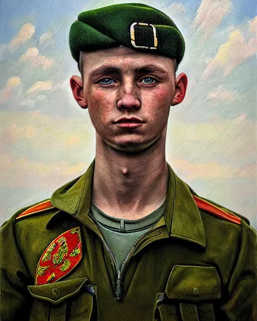 Prompt: portrait of a heroic young ukrainian soldier, art by denys tsiperko and bogdan rezunenko, hyperrealism