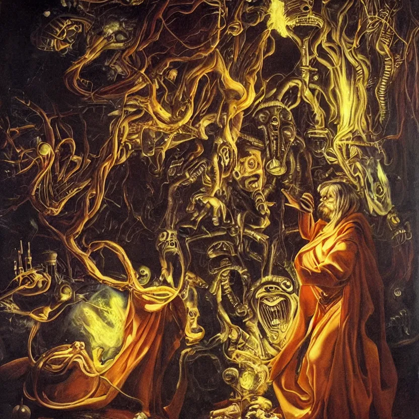 Image similar to alien wizard conjuring glowing magic in a dark laboratory. pulp sci - fi art for omni magazine. baroque period, oil on canvas. renaissance masterpiece.