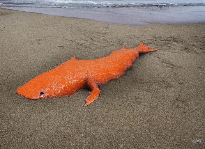 Prompt: an aquatic monster comes out of the sea to die on the orange sand by hagan robert