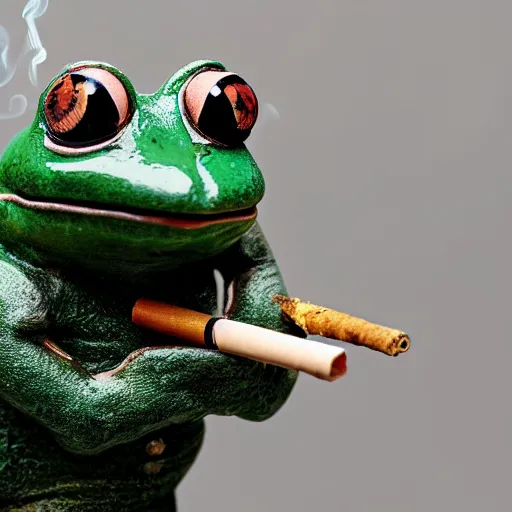 Image similar to a high detail closeup photograph of a 🐸 wearing a suit 👔,and smoking a cigarrette🚬, award wining photograph