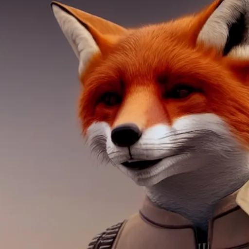 Image similar to a film still of a anthropomorphic fox wearing a lab coat in star wars realistic, detailed