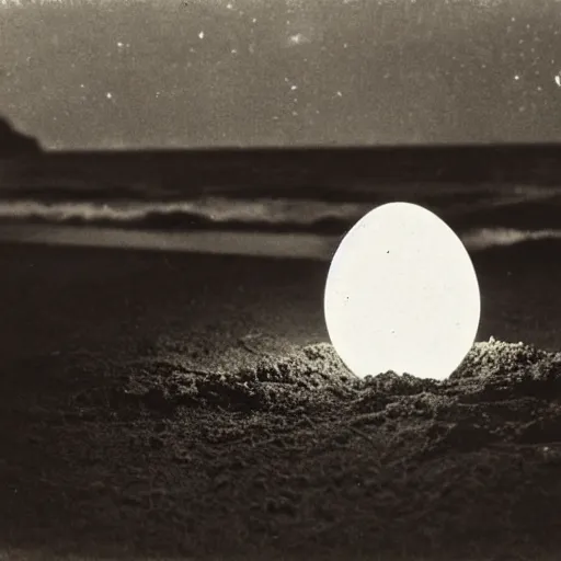 Prompt: an early 1 9 0 0 s photograph of an alien peeking out from a levitating luminescent alien egg on the beach, moonlight, at nighttime,