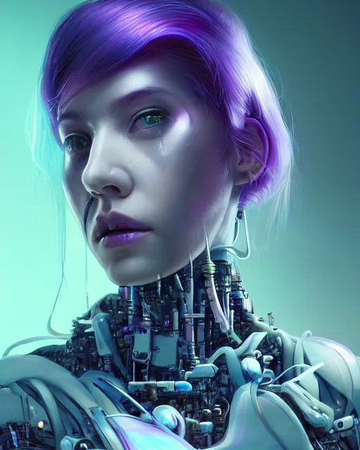 Image similar to portrait of a aesthetic beatiful woman with violet hair as a cyberpunk cyborg with tear drop on face, sci - fi, missing panels, intricate abstract upper body intricate artwork, by tooth wu, wlop, beeple, dan mumford. concept art, octane render, deviantart, greg rutkowski, cinematic, key art, hyperrealism, iridescent accents