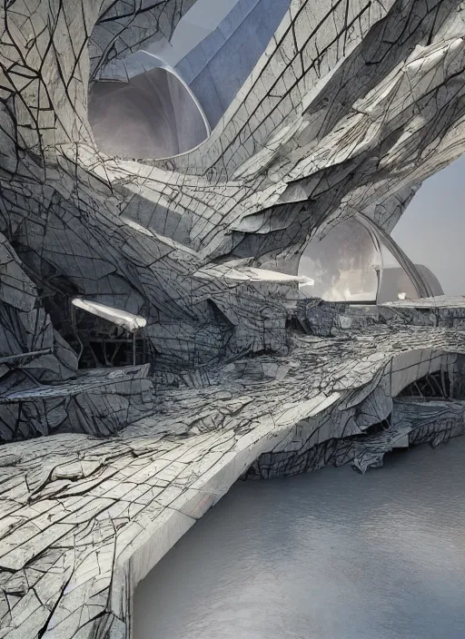 Image similar to art exhibition, architecture installation in biennale venezia, bioremediation white mining tailing futuristic horizontal architecture, epic, cinematic, hyperealistic, high detailed, corona render, hdr, ray tracing