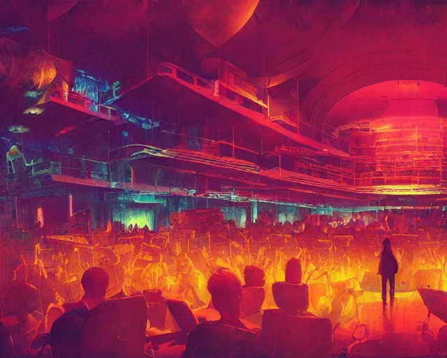 Image similar to IKEA catalogue photo of a cyberpunk concert hall, by Paul Lehr