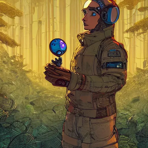 Image similar to Stunning 8k illustration of cyberpunk explorer holding his small circular robot friend in his hand, forest in background, highly detailed, by Victo Ngai and James Gilleard , Moebius, Laurie Greasley