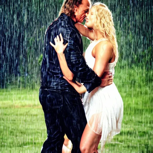 Image similar to portrait shot of young arnold schwarzenegger holding tight in love dancing in the rain with jennifer lawrence beautiful white wet dress, 5 0 mm kodak, beautiful light, best lense, 9 0 s romantic comedy, 4 k