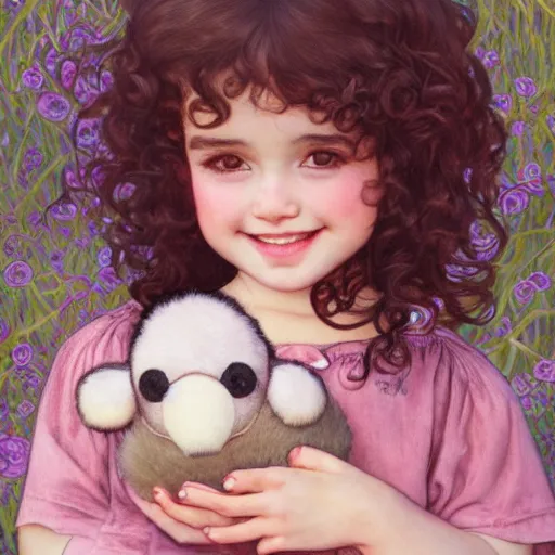 Prompt: a beautiful smiling little [[brunette toddler]] girl with short loosely curly hair, at the park on a beautiful day, holding a round all-pink stuffed penguin, by Artgerm, Mucha Klimt, Hiroshi Yoshida and Craig Mullins, featured on Artstation, CGSociety, Behance HD, Deviantart