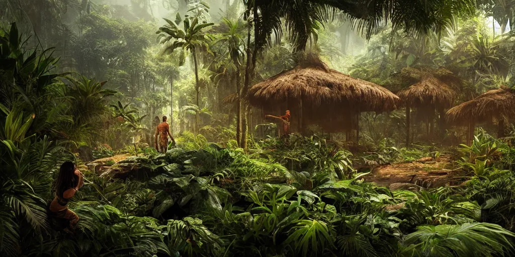 Image similar to tropical jungle, wall wood fortress, Hyperrealistic CGI, Photorealistic, plants environment, wide angle, establishing shot, cinematic lighting, atmospheric, realistic, octane render, highly detailed, color graded, matte painting in the style of craig mullins
