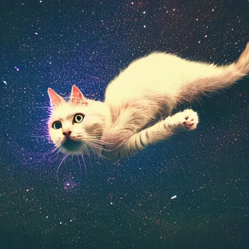 Image similar to cat floating in heavenly cosmic space, dark and magical, shallow depth of field, award - winning 4 k photography