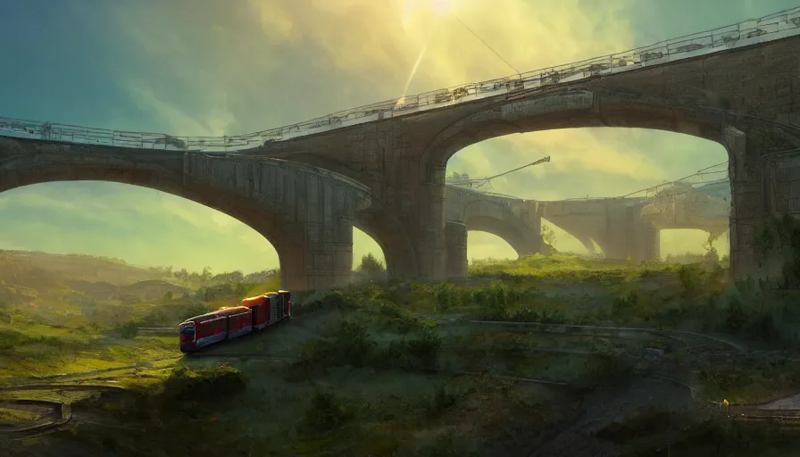 Image similar to futuristic cargo train driving over aqueduct, green hills, matte painting, artstation, sunrise, blue sky, solarpunk