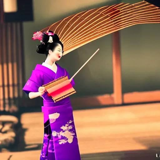 Prompt: Japanese geisha with beautiful violet paper fan, 4k photography, 30 mm lens, cinematic light, warm atmosphere, in style of Kar Wai Wong, cigarette smoke trail